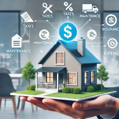 A modern house with symbolic icons representing hidden home-buying costs such as taxes, maintenance, insurance, and moving expenses. The design visually illustrates the financial factors buyers should consider before purchasing a home.